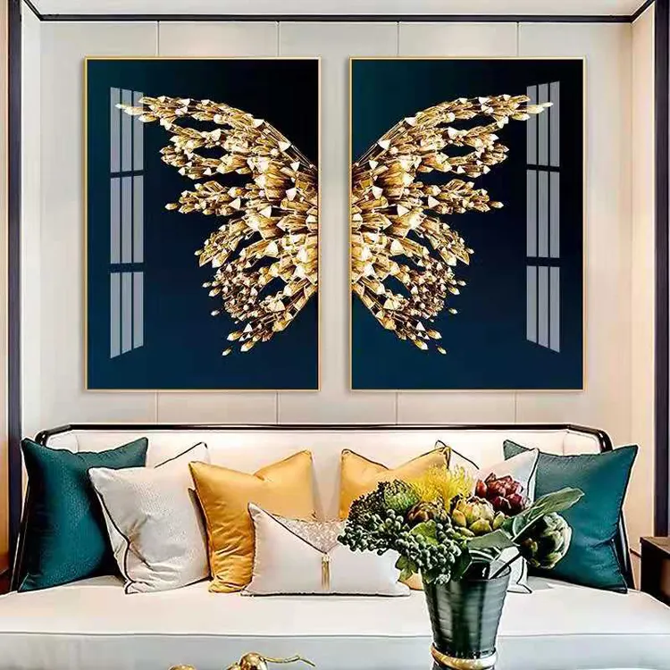 Modern Vertical Porch Decor: Nordic Luxurious Butterfly Feather Wall Artwork with Crystal Porcelain Portray for House Ornament